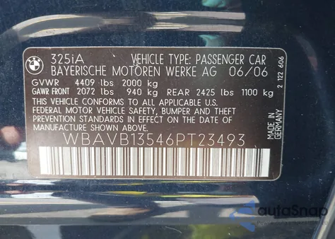 2006 BMW 325 I z USA, uszkodzony, nr VIN WBAVB13546PT23493